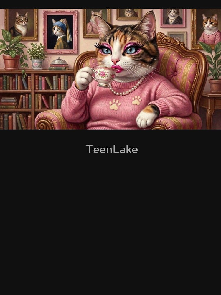 Pink Coquette Cat Mom Drinking a Tea - Fancy Cat Lady Aesthetic / Funny Cat Meme / Pink Girly / Y2k / Makeup / Pearls / Books Lover / Gift for Cat Lovers Preppy by TeenLake