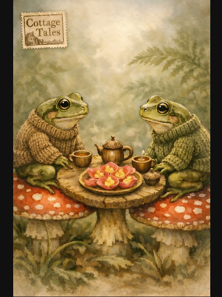 The Mushroom-Stool Tea Party - Cottagecore Frog by bapupa