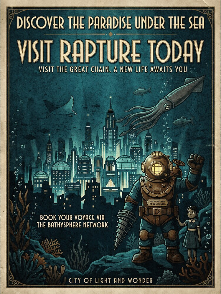 Visit Rapture Retro Travel Poster by Fictional Ink Society