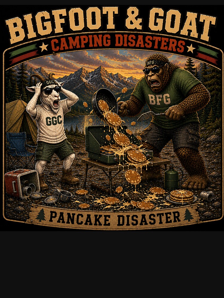 Bigfoot And Goat Pancake Disaster Funny Camping Breakfast by NicheBloom