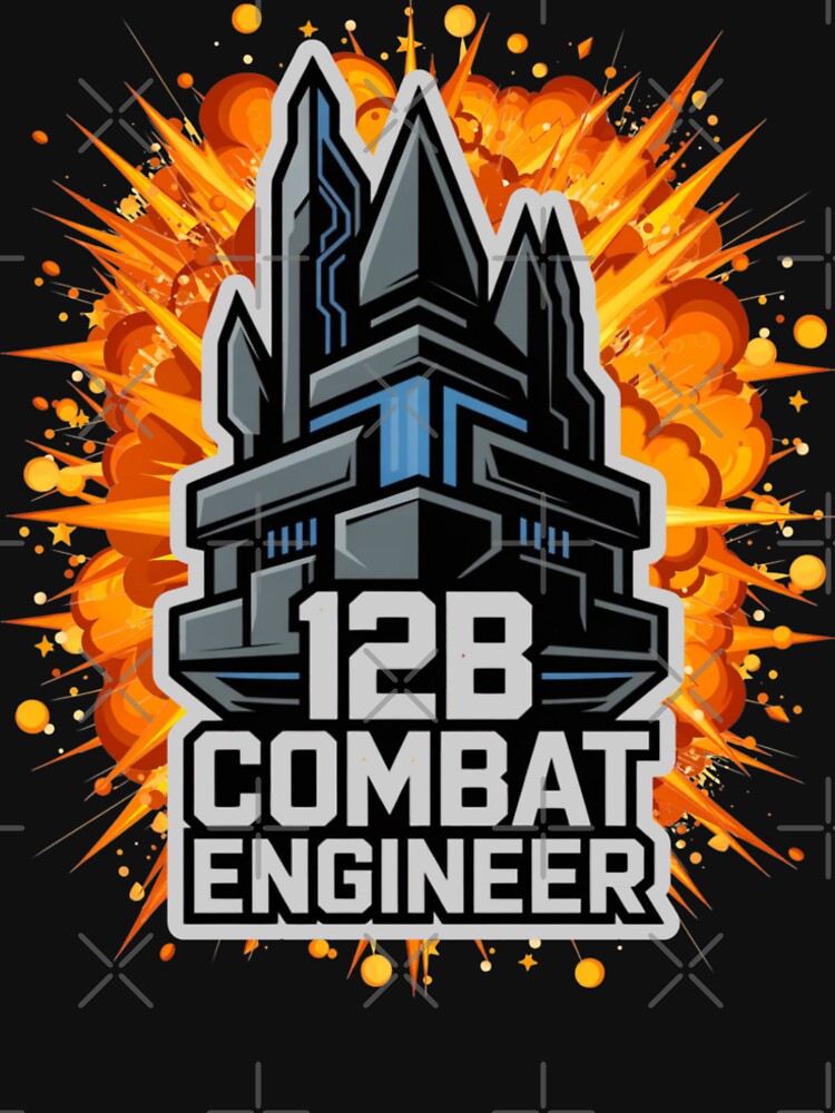 12B Combat Engineer — Futuristic Fortress Tower Emblem U.S. Army MOS Military Engineering Graphic White Outline Explosion by GFamilyC