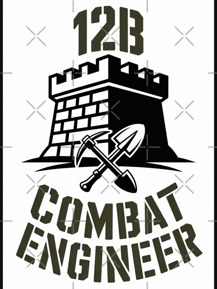 12B Combat Engineer — Castle Tower Emblem with Shovel and Pickaxe U.S. Army MOS Graphic by GFamilyC