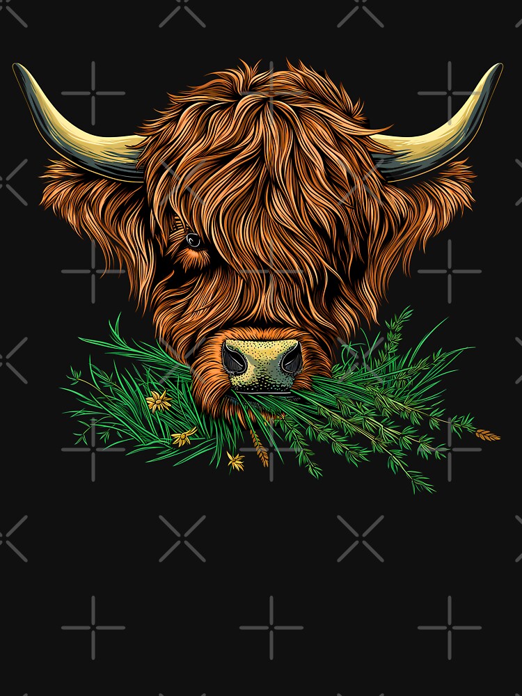 Scottish or irish fluffy  highland cattle cow animal grazing grass head illustration by NBSStore
