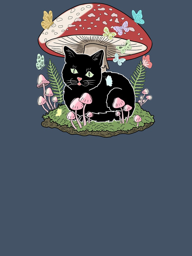 Goblincore Black Cat under Amanita Mushroom with Pastel Butterflies Cottagecore Aesthetic by LeshanArt
