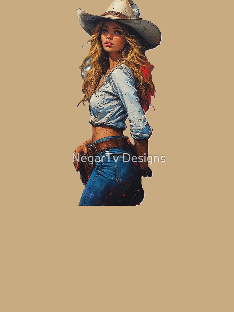 Cowgirl and White Horse – Western Woman Art in Red and Blue Splash by NegarTv Designs by NegarTv Designs