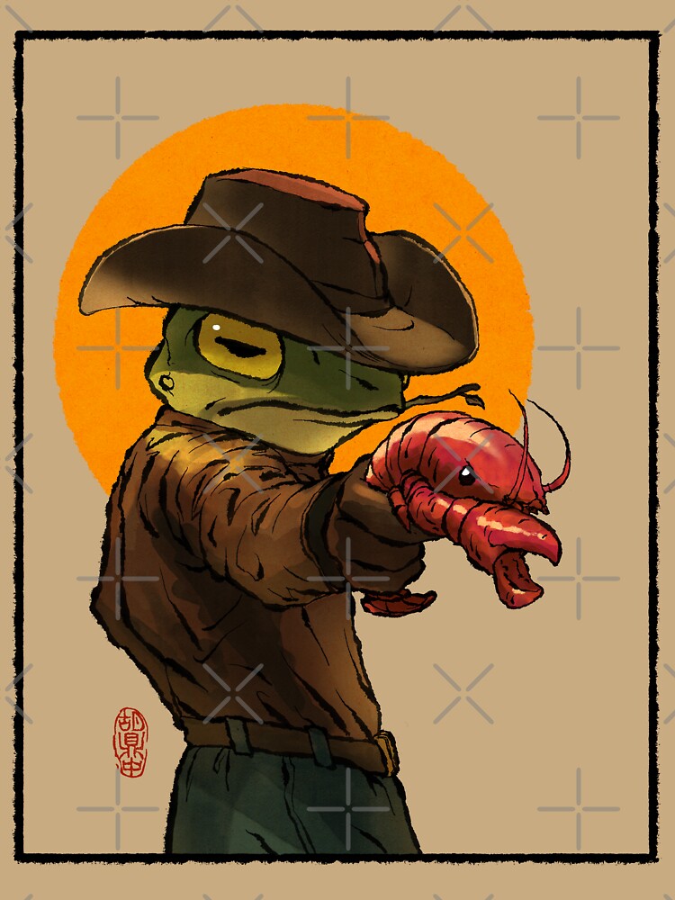 gunslinger cowboy western frog with pistol shrimp crawdad artwork drawing with frame by DingHuArt