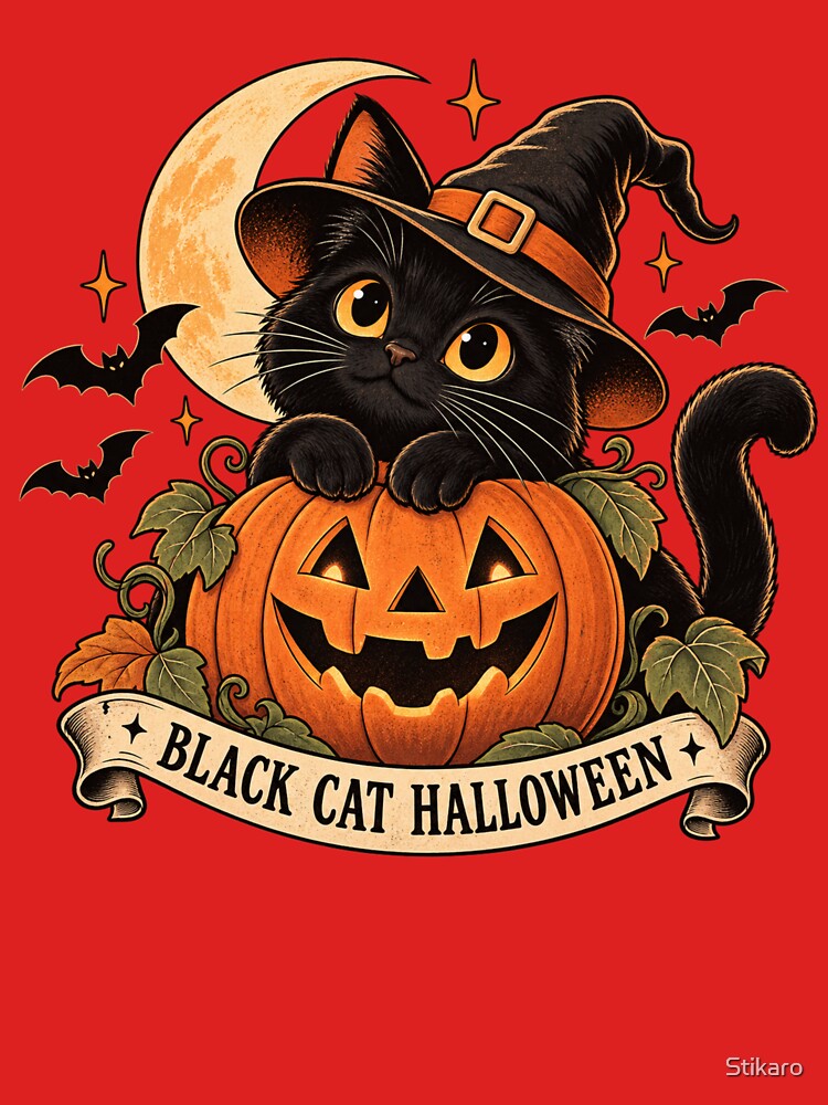 Vintage Black Cat Halloween Pumpkin by Stikaro