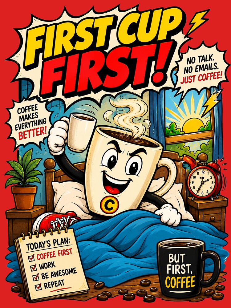 First Cup First – Funny Comics Design by Mac Sketches