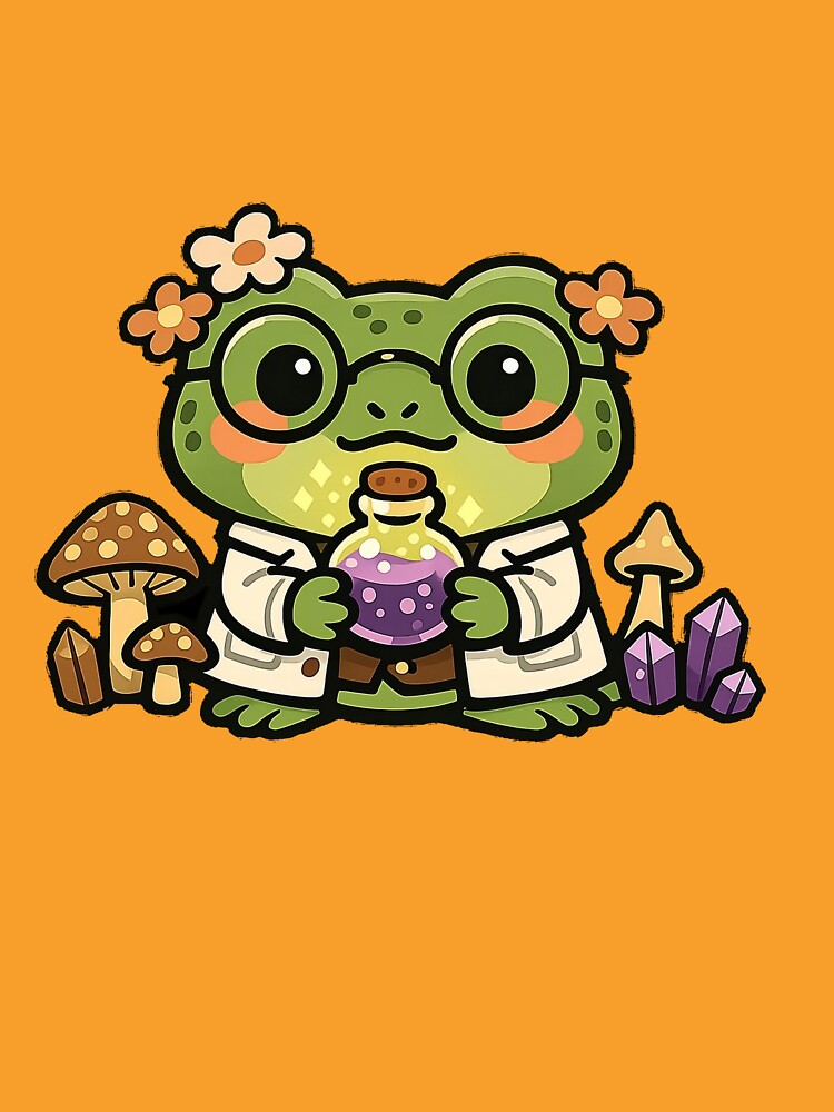 Kawaii Girl Frog Scientist with Boba Tea and Crystals | Cute Frog Lab Coat Art | Cottagecore Frog Illustration | Nerdy Frog Girl Print by NeonKawaiiCo