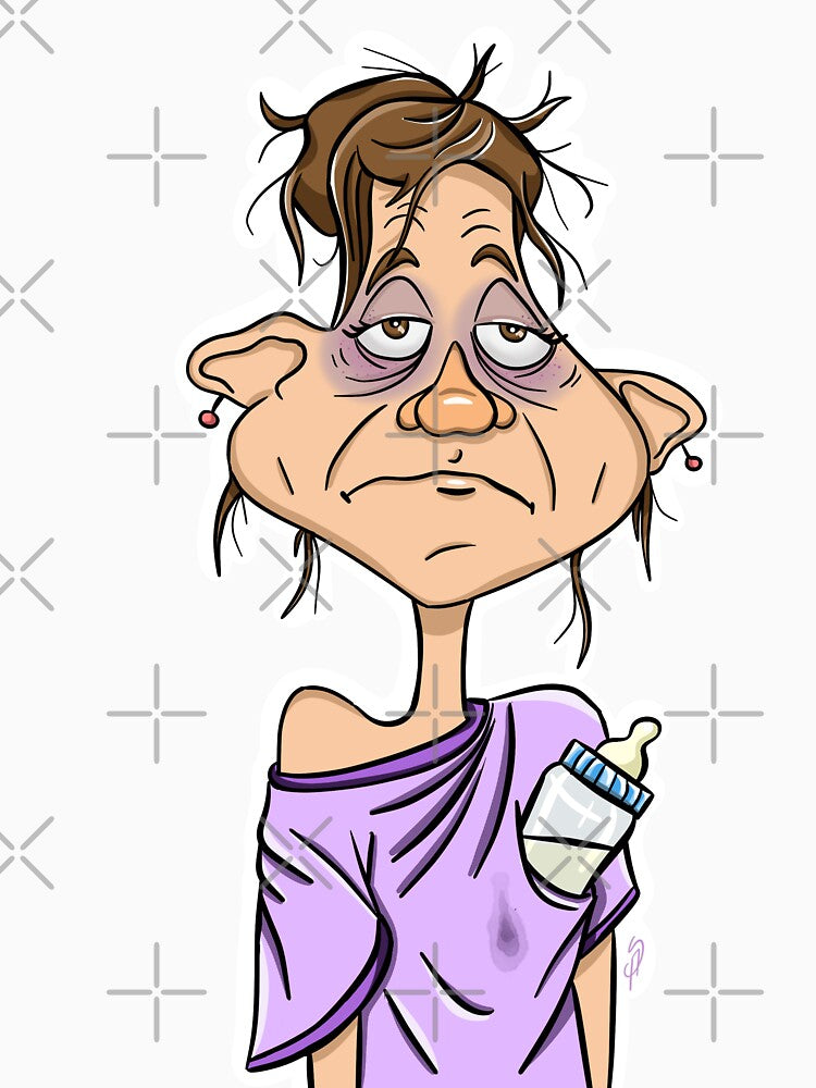 Exhausted Mom Cartoon Character Coffee Motherhood Humor by AlinaSchaferArt