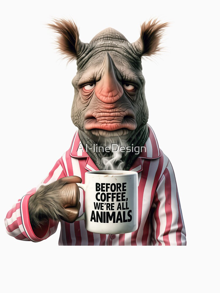 Before Coffee We’re All Animals – Grumpy Rhinoceros by AI-lineDesign