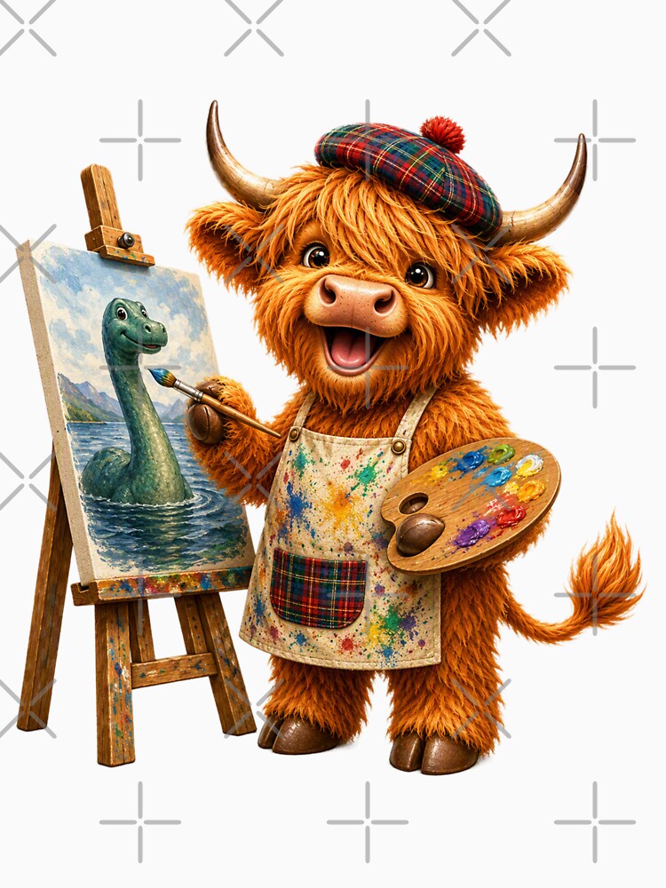 Cute Scottish Highland Cow Artist Painting the Loch Ness Monster by MaedK