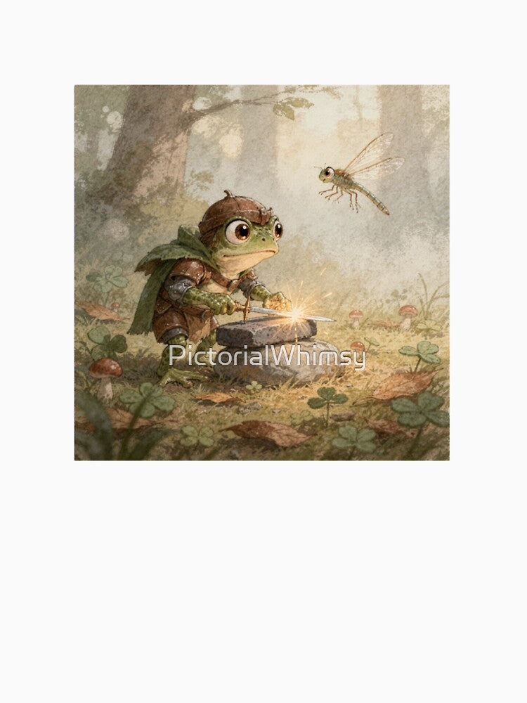 Tiny Frog Squire Sharpening a Thorn Sword Before the Duel Cottagecore Art by PictorialWhimsy