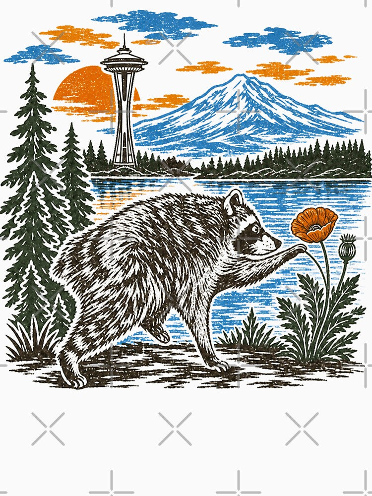 Seattle Raccoon Vintage Pacific Northwest Wildlife Illustration by JessArty ⭐⭐⭐⭐⭐