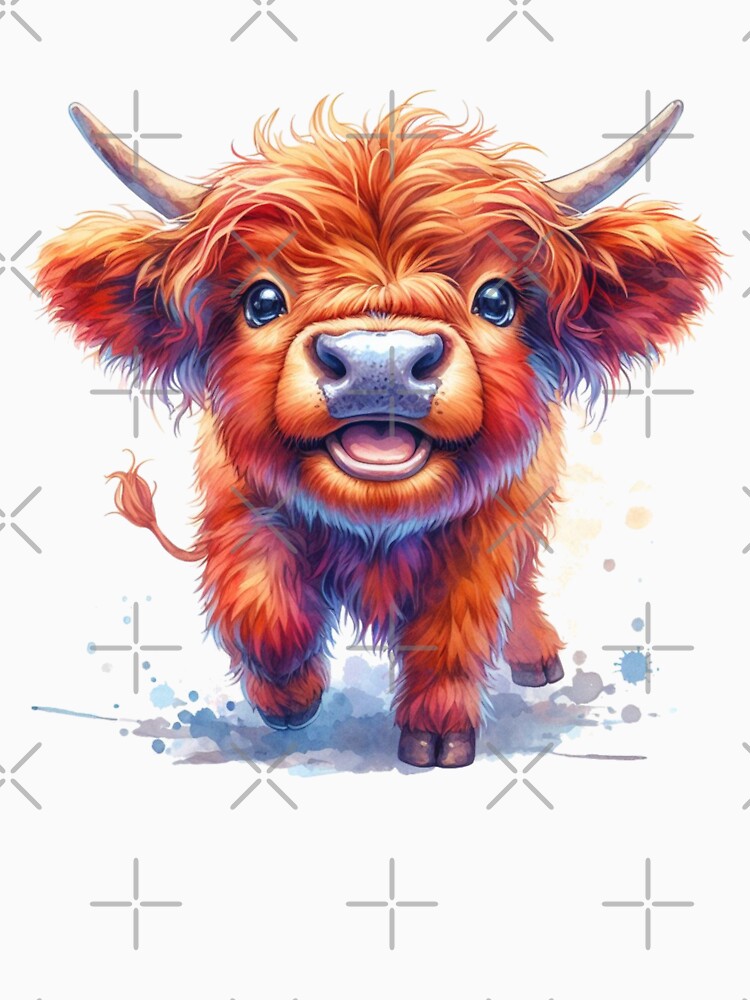 Cute Scottish Baby Highland Cow Calf Colorful Watercolor by MaedK