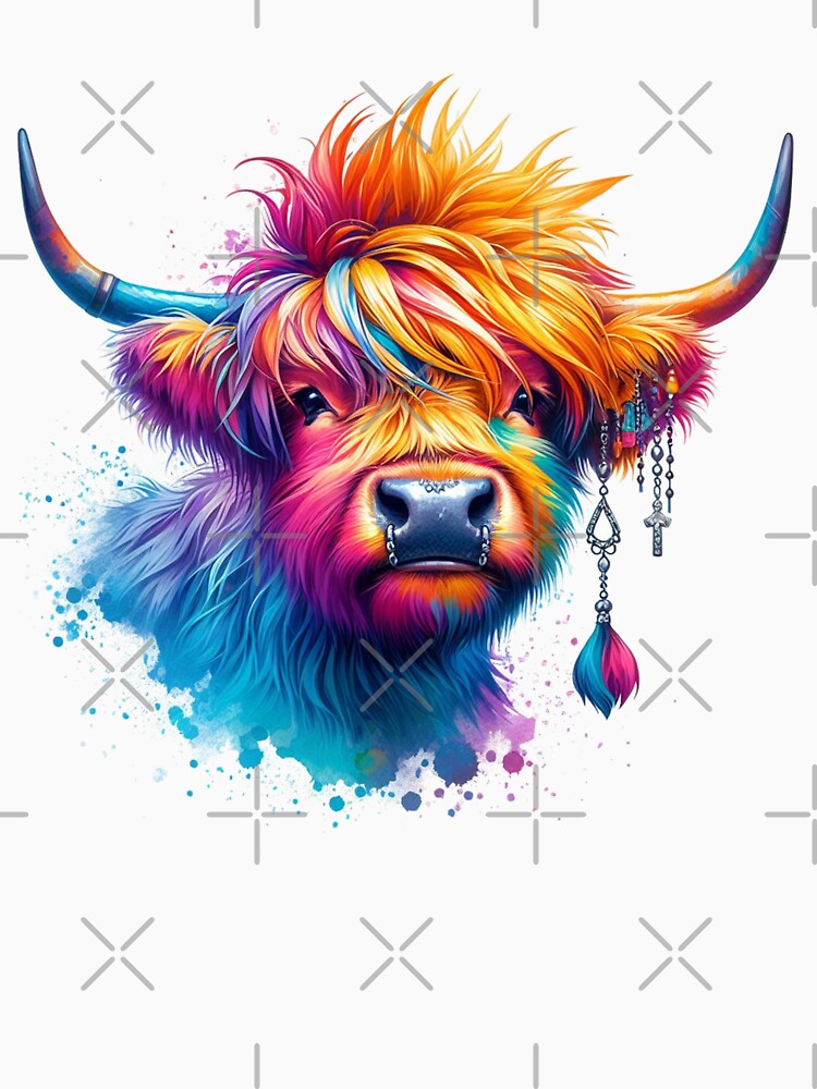 Punk Rocker Scottish Highland Cow Colorful Watercolor by MaedK