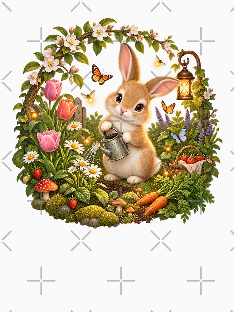Cute Cottagecore Bunny Watering an Enchanted Garden by Claudia Ilie Art