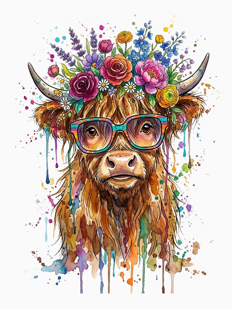 Watercolor Highland Cow with Flowers Art by RoyalDeluxGo
