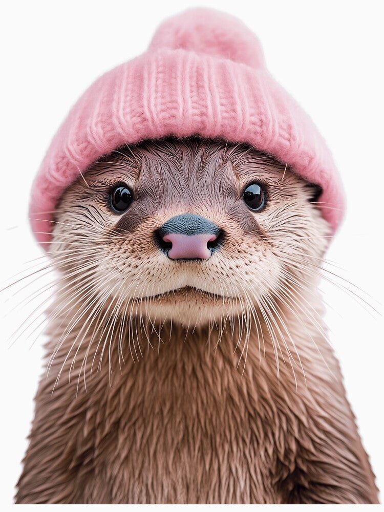 Cozy Otter Wearing Pink Winter Hat Trendy Animal Fashion Artwork by LazyOwlStore