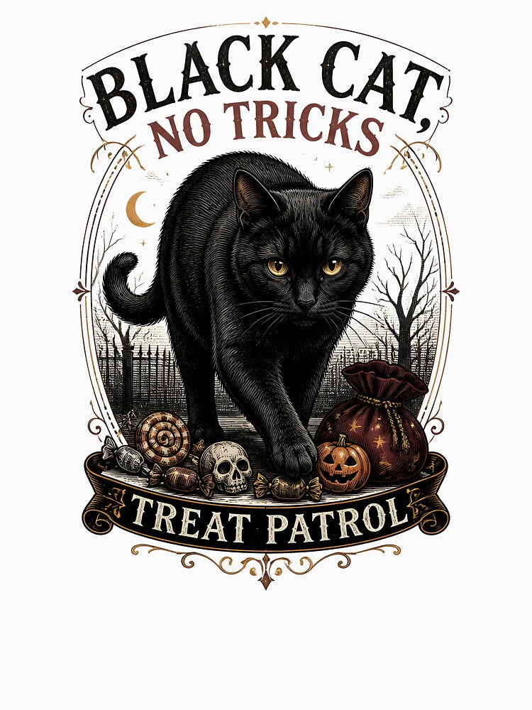 BLACK CAT, NO TRICKS Treat Patrol Halloween Gothic Engraving by BernoNickel