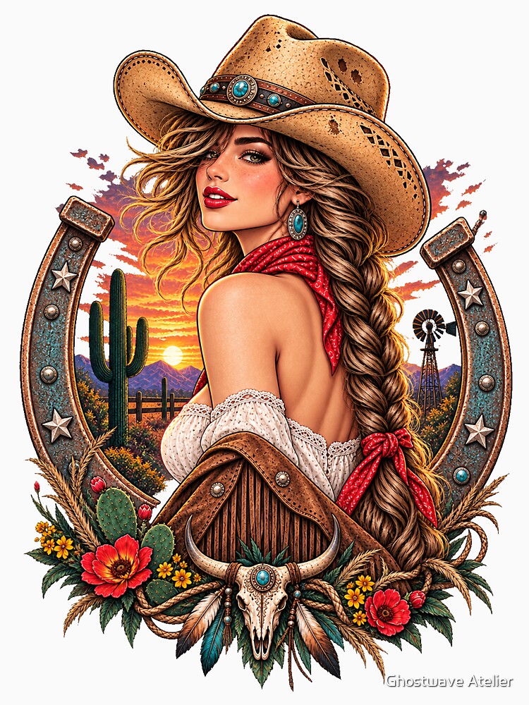 Desert Cowgirl Horseshoe – Vintage Western Sunset by Ghostwave Atelier