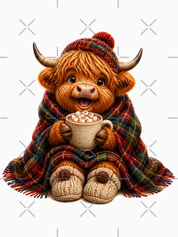 Cute Scottish Highland Cow with Hot Chocolate and Tartan Blanket by MaedK