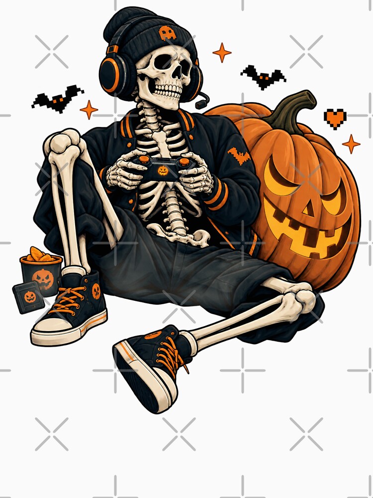 Gaming Skeleton Brings Spooky Halloween Pumpkin Night Energy by FreshVibe Prints