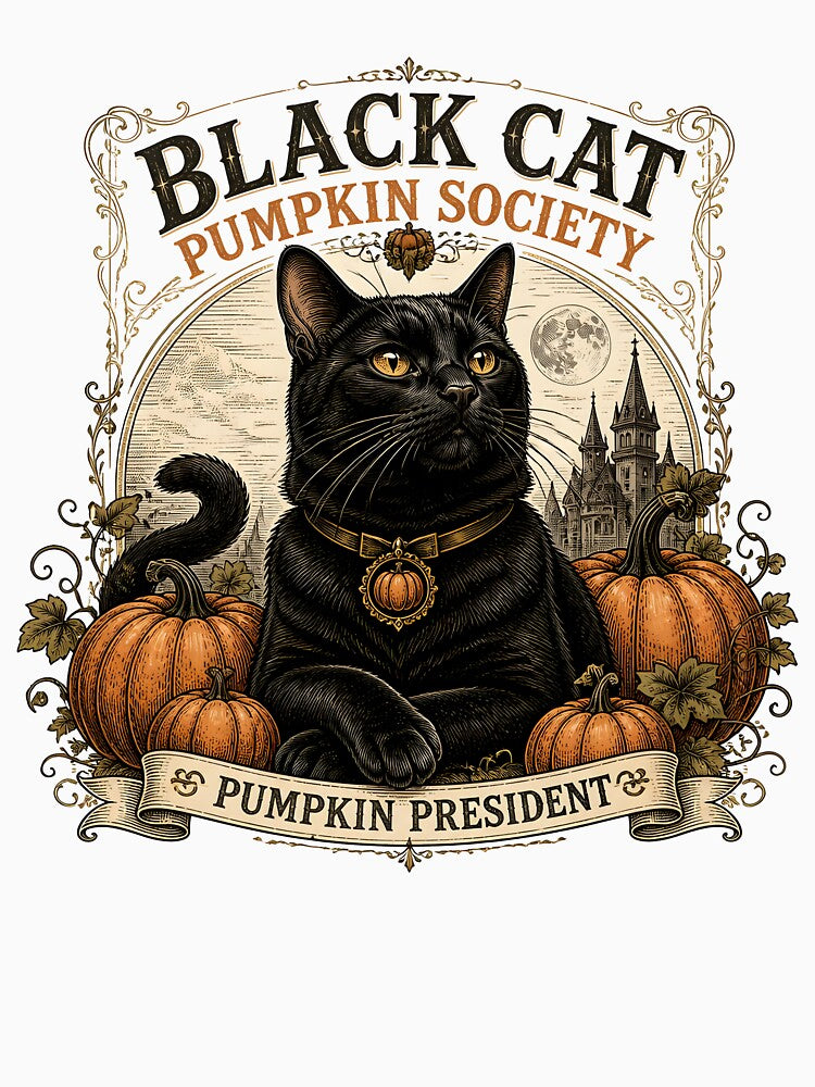 BLACK CAT PUMPKIN SOCIETY Pumpkin President Halloween Gothic Engraving by OliviaHayesArt