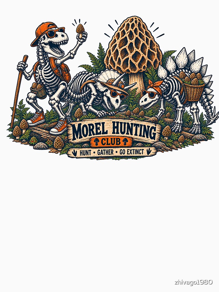 Morel Hunting Club Skeleton Dinosaurs Hunt Gather Go Extinct Mushroom by zhivago1980