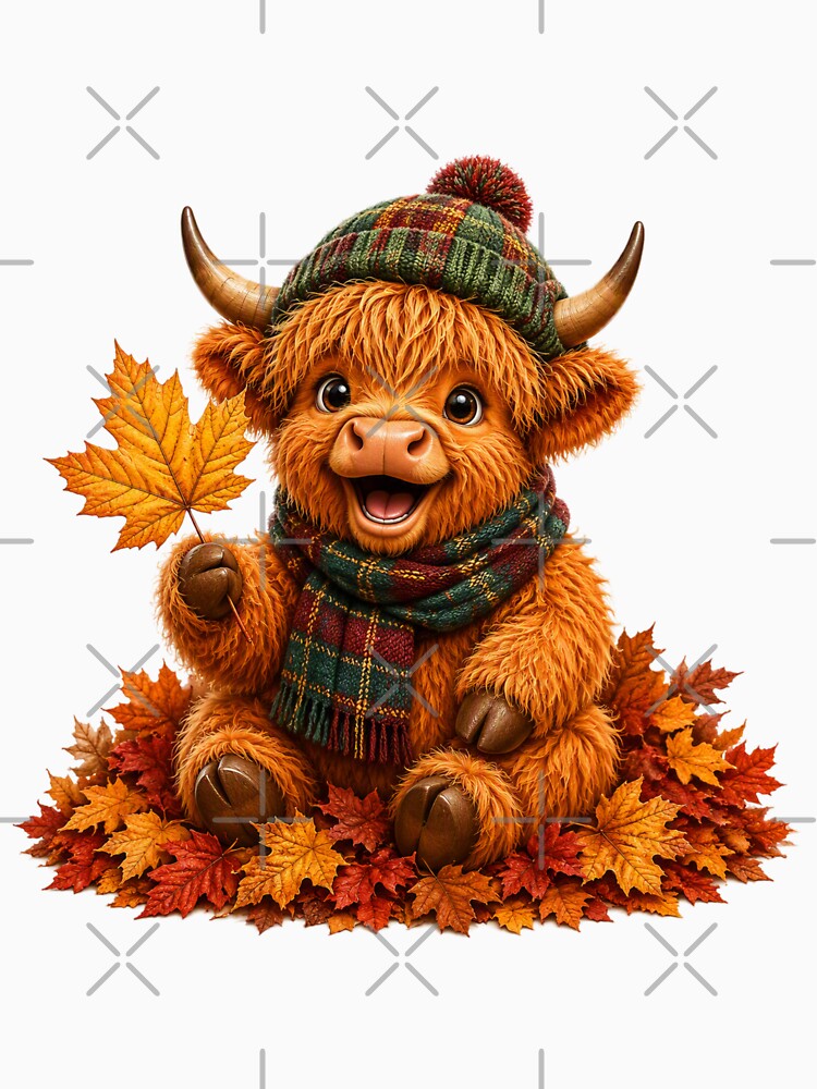 Cute Scottish Highland Cow in Tartan Scarf with Autumn Leaves by MaedK