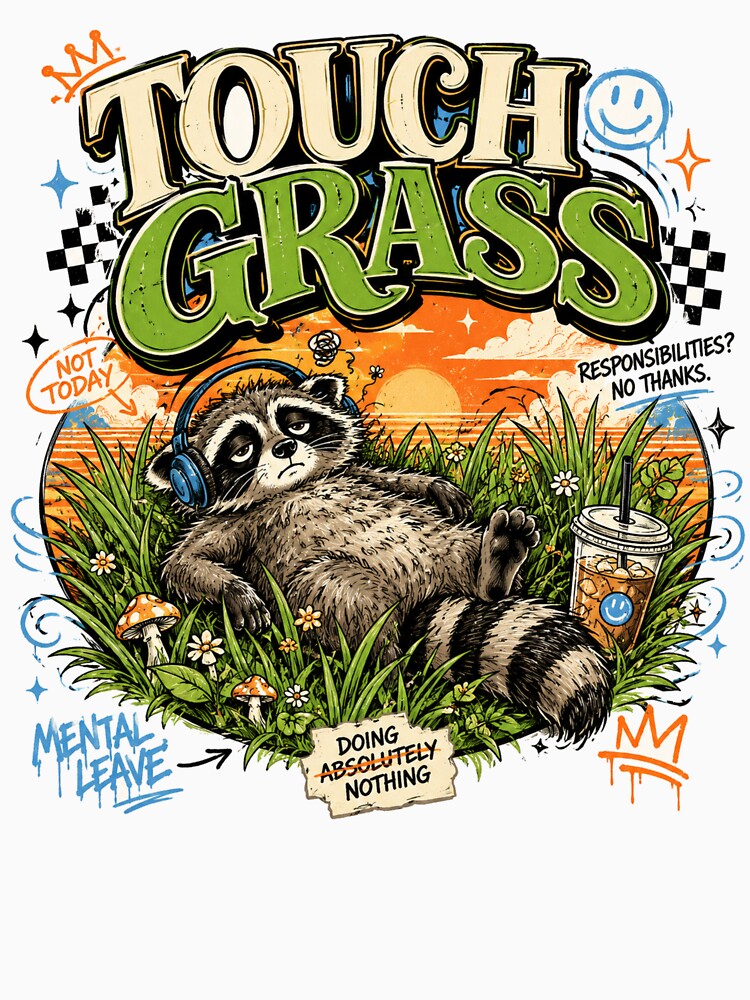 Touch Grass Tired Raccoon Design by Softbear Atelier