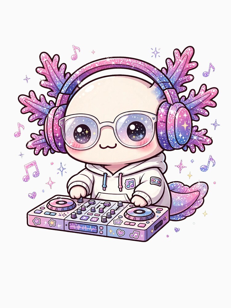 DJ Axolotl - Kawaii Glitter Axolotl with Headphones Mixing Music - Cute Music Lover by PrettyCrypt
