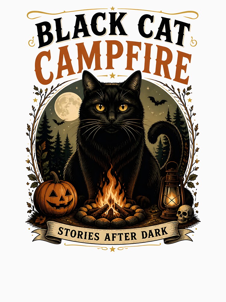 Black Cat Campfire Black Cat Halloween Retro Poster by OliviaHayesArt