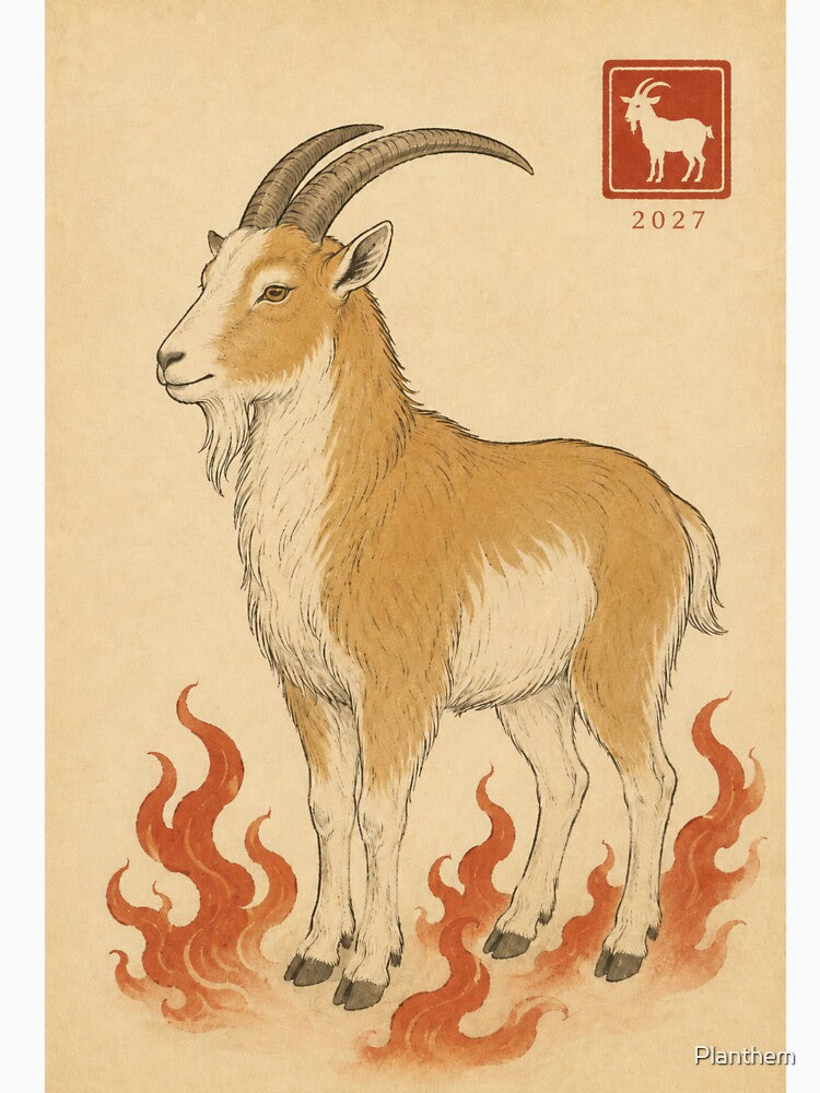 Year of the Goat 2027 – Fire Goat, Vintage Japanese Woodblock Style  Winter in Edo No. 6 by Planthem
