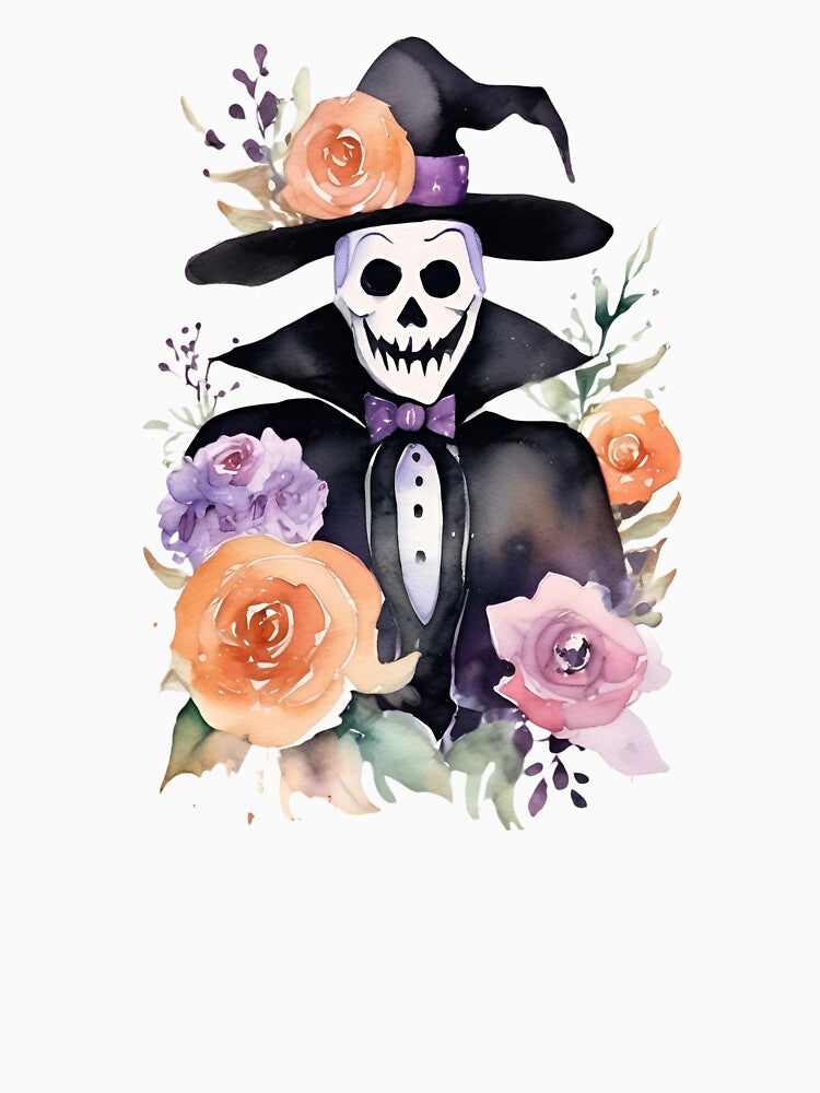 Purple Halloween Skeleton with Pastel Watercolor Roses and Flowers by brookehend