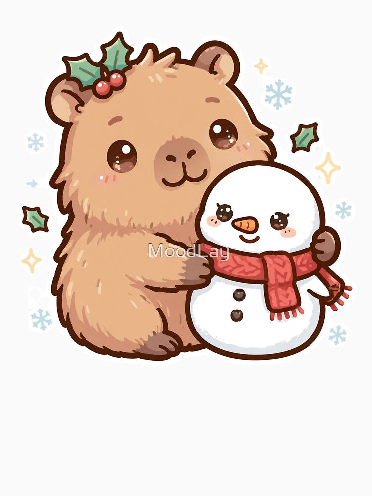 Cute Capybara Hugging Snowman – Kawaii Christmas Winter Animal Design by MoodLay