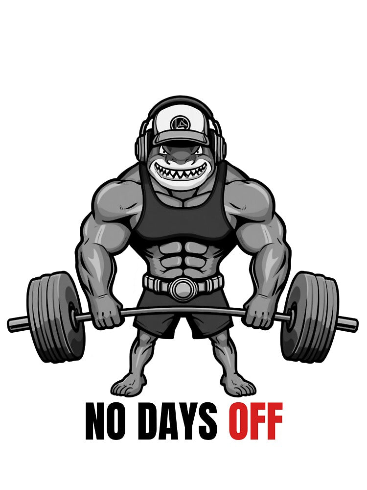 No days OFF - Buff Shark Workout Motivation – Funny Gym Cat Workout Design by Iron Mind Club