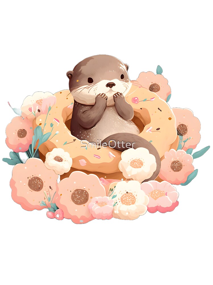A cute otter eating a big donut in the bunch of pink flowers by SmileOtter