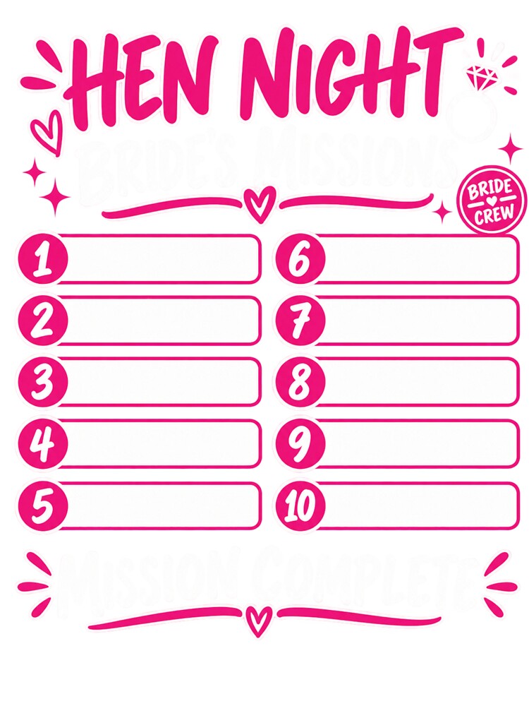 Hen Night Bride Missions Bachelorette Party Checklist by ArtistMadness84