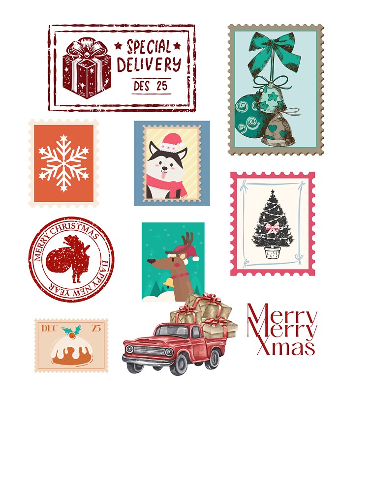 Vintage Christmas Stamp Collection – Cute Holiday Stickers & Retro Festive Art by Doodlelline