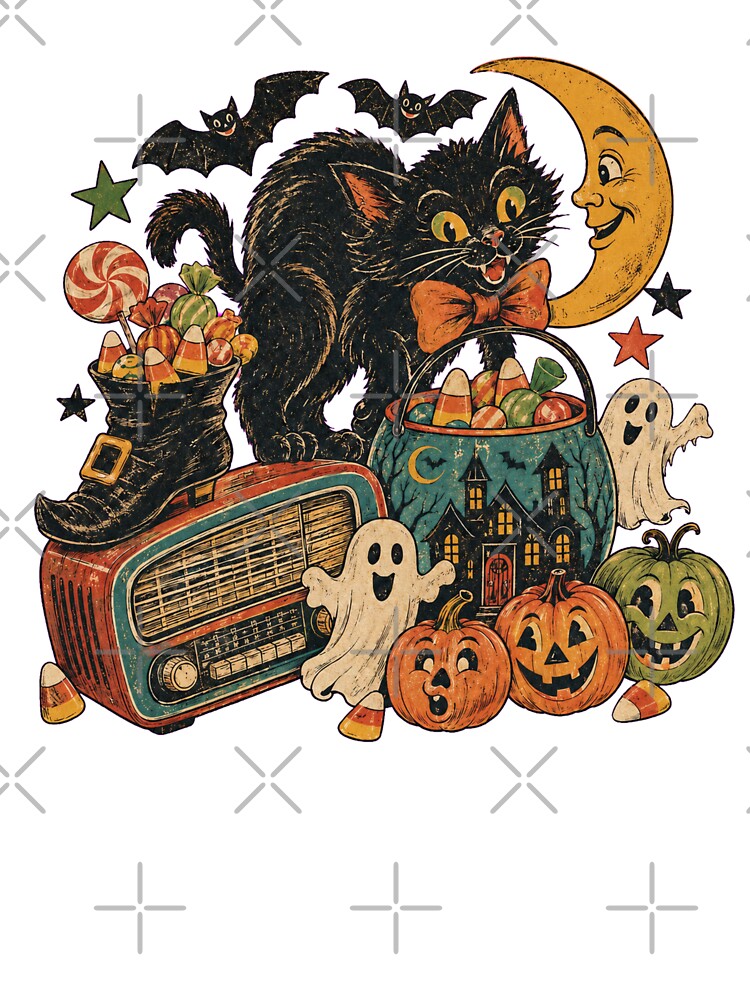 Retro Halloween Black Cat, Ghosts, Pumpkins, Candy and Vintage Radio Collage by SezzyDesigns