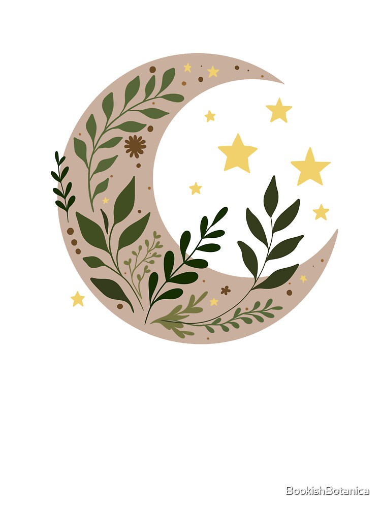 Botanical Crescent Moon with Golden Stars by BookishBotanica
