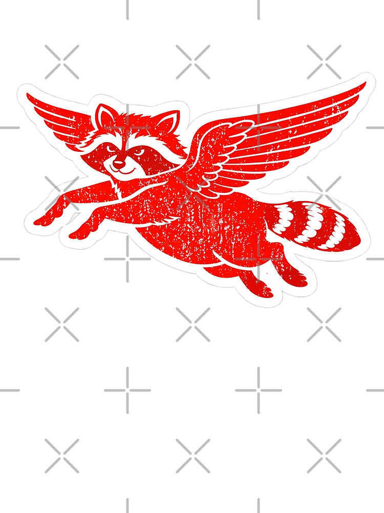 This vintage flying raccoon design features a mischievous trash panda soaring through the air with wings in a bold retro style. by PIXEL POP DESIGNS - Beyond the Norm!