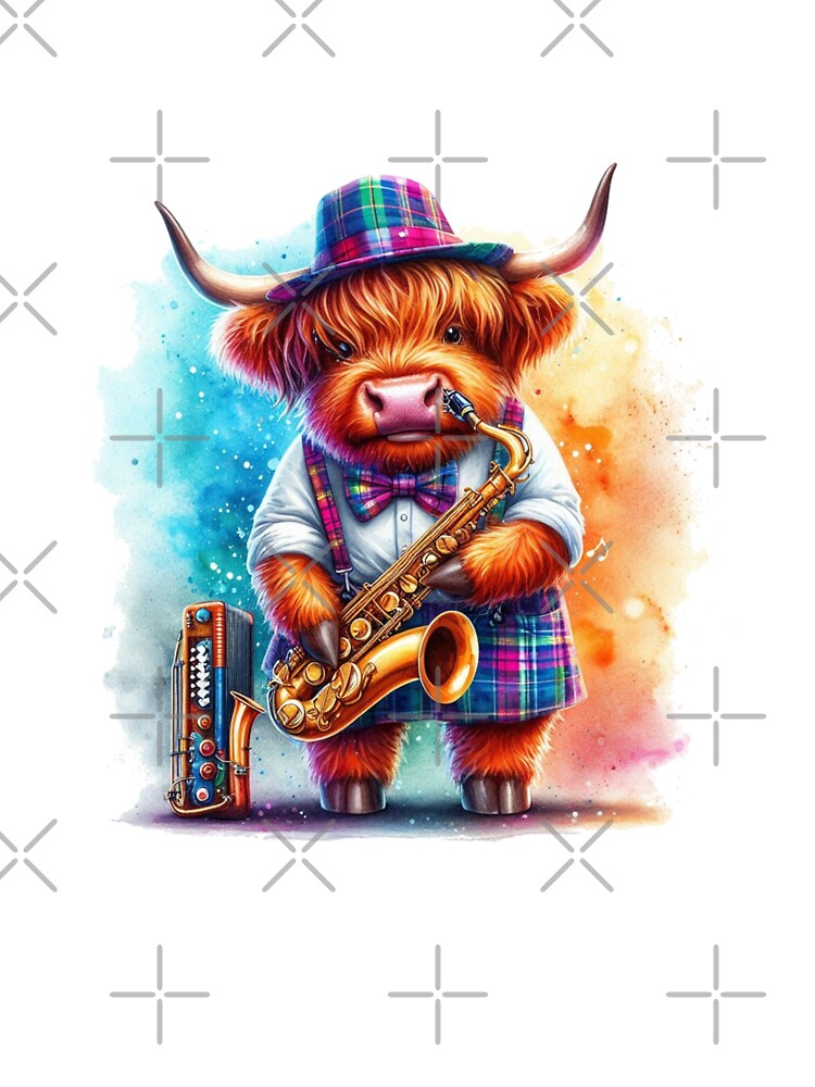 Scottish Highland Cow playing Jazz on the Saxophone Colorful Watercolor by MaedK