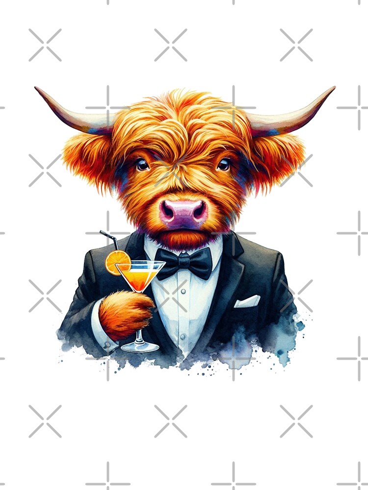 Scottish Highland Cow in Tuxedo Drinking a Cocktail Colorful Watercolor by MaedK