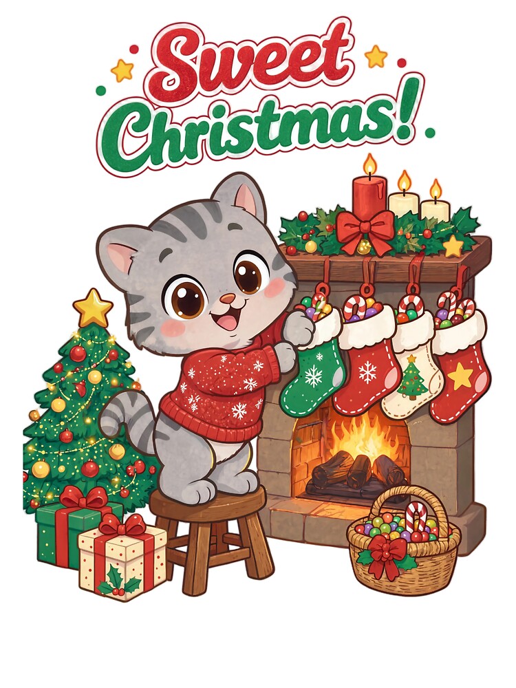 Sweet Christmas Cat | Cute Kawaii Gray Cat Christmas Design by MurkCraft
