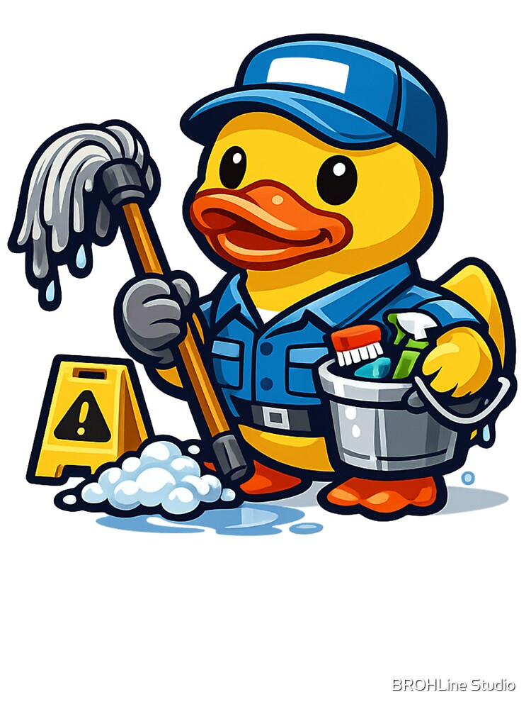 Funny Janitor Rubber Duck Cartoon Cleaning Duck by BROHLine Studio