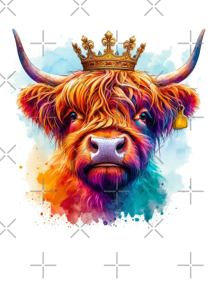 Scottish Highland Cow Wearing a Royal Crown Colorful Watercolor by MaedK