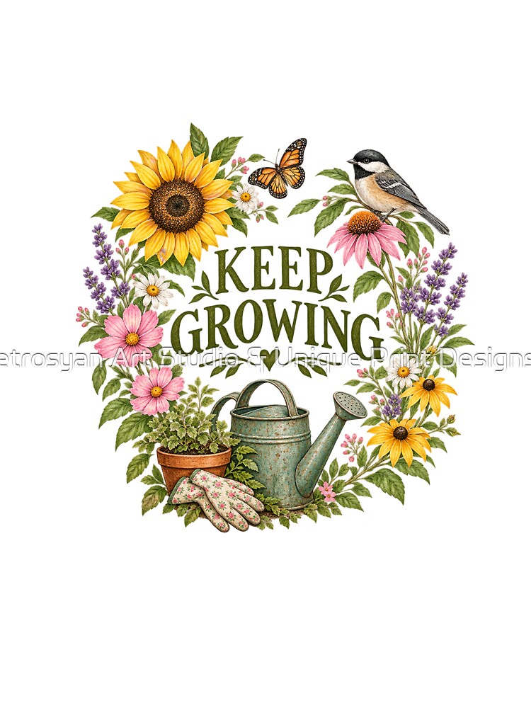Keep Growing – Vintage Botanical Gardening Quote by Anahit Petrosyan Art Studio & Unique Print Designs for a Gift
