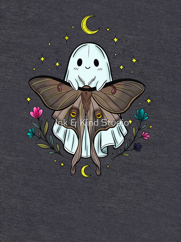 Kawaii ghost with moth and cosmic accents by Ink & Kind Studio